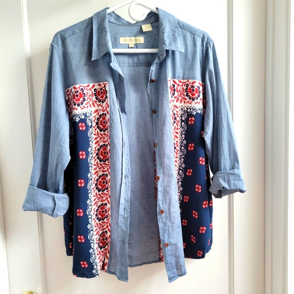 Sale 🔥 Stetson bandana scarf panel chambray button-down shirt top - L